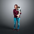 Woman Holding Small Dog in Maroon Top Blue Jeans and Brown Shoes Against Gray Background
