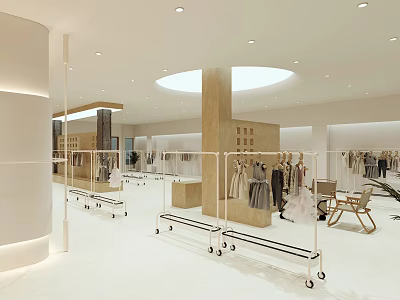 Modern Open Clothing Store Featuring White Wooden Racks Mirrors Display Shelves And Natural Light 3d model