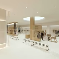 Modern Open Clothing Store Featuring White Wooden Racks Mirrors Display Shelves And Natural Light