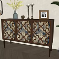 Decorative Wooden Partition Cabinet With Blue White Brown Geometric Pattern Panels 3d model