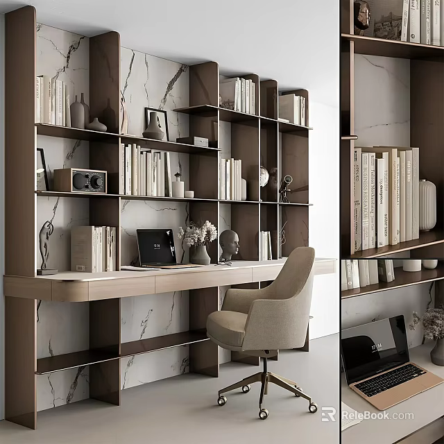 Modern Study Room Interior With Bookshelves Laptop Wooden Desk And Marble Wall 3d model 