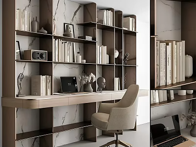 Modern Study Room Interior With Bookshelves Laptop Wooden Desk And Marble Wall 3d model