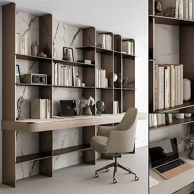 Modern Study Room Interior With Bookshelves Laptop Wooden Desk And Marble Wall 3d model