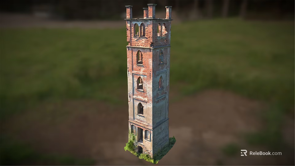 Red Brick Gray Stone Tower With Arched Windows Small Spires And Grassland Surroundings 3d model 