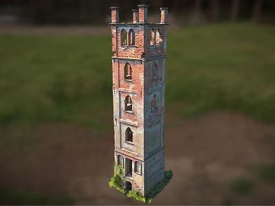 Red Brick Gray Stone Tower With Arched Windows Small Spires And Grassland Surroundings 3d model