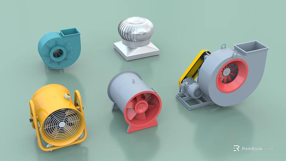 Various Types of Industrial Fans in Multiple Colors and Mechanical Designs 3d model 