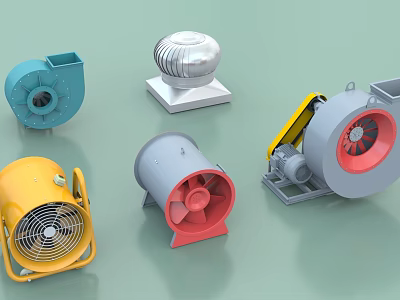 Various Types of Industrial Fans in Multiple Colors and Mechanical Designs 3d model