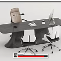 Modern Office Desk With Black Surface Computer Notebook Cup And Three Chairs 3d model