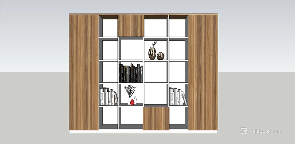 Elegant Modern Wooden Bookcase With Open Shelves Books Decorative Vases And Ornaments 3d model 