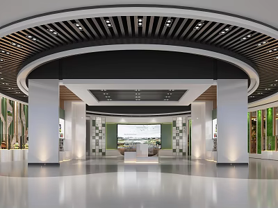 Modern Circular Lobby Interior Design With Central Large Screen Columns And Green Decorative Walls 3d model