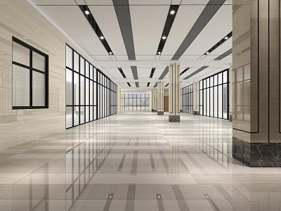 Modern Front Desk Reception Lobby With Marble Floor Glass Windows And Elegant Columns 3d model