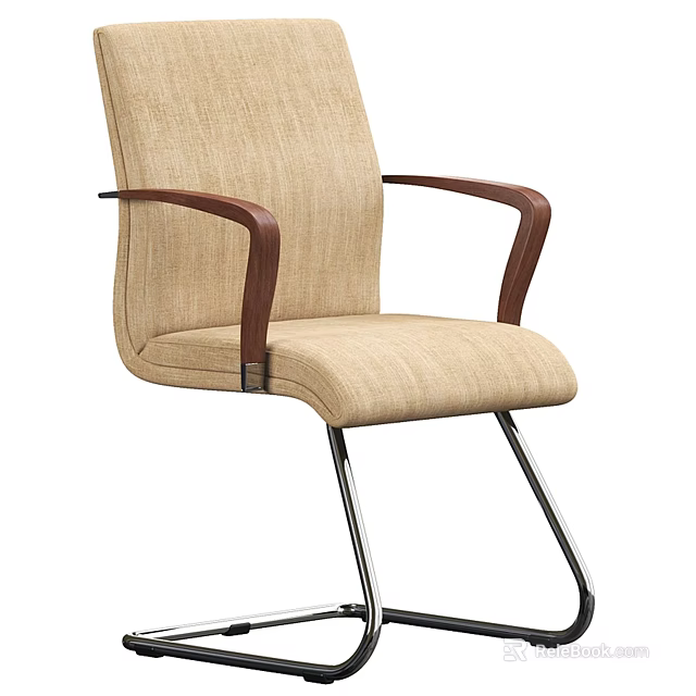 Beige Fabric Office Chair With Wooden Armrests And Metal Legs Design 3d model 