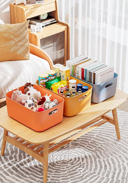 Colorful Storage Bins with Stuffed Toys Snacks and Books on Wooden Table in Living Room 3d model 
