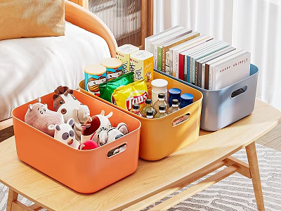 Colorful Storage Bins with Stuffed Toys Snacks and Books on Wooden Table in Living Room 3d model