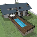 Modern Hotel Building With Black Roof Swimming Pool Wooden Deck Lawn And Outdoor Furniture