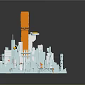 Detailed Cartoon City Scene Featuring Tall Orange Tower And Blue Surrounding Buildings