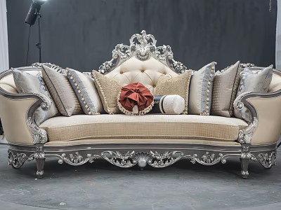 Ornate Three Seater Sofa With Silver Carved Frame Beige Upholstery Red Bow And Decorative Pillows 3d model