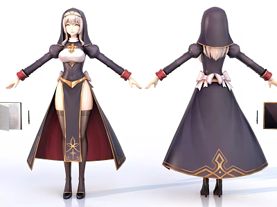 3D Female Character Model Front Back View With White Top Black Hooded Robe Golden Decorations 3d model