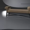 Beige Fabric Bench with Curved Armrests and Black Metal Frame on Dark Blue Reflective Surface
