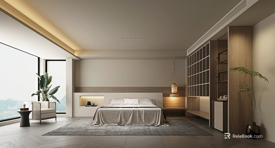 Modern Hotel Room Interior With King Bed Large Window Carpet And Wooden Bookshelf 3d model 