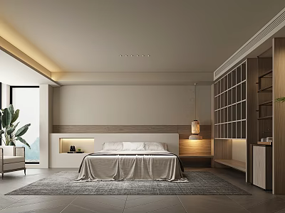 Modern Hotel Room Interior With King Bed Large Window Carpet And Wooden Bookshelf 3d model