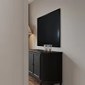 Modern Bedroom Interior With Bed Wall Paneling TV Stand Wooden Floor And Table Lamp
