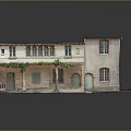Cartoon Scene Of Ancient Brick Building With Vines Multiple Windows And Arched Door