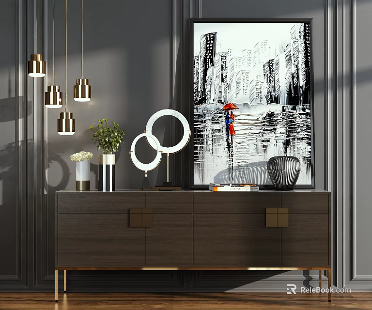 Sleek Wooden Entryway Console Cabinet With Pendant Lights Green Plant Mirror And Artwork 3d model 