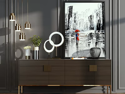 Sleek Wooden Entryway Console Cabinet With Pendant Lights Green Plant Mirror And Artwork 3d model