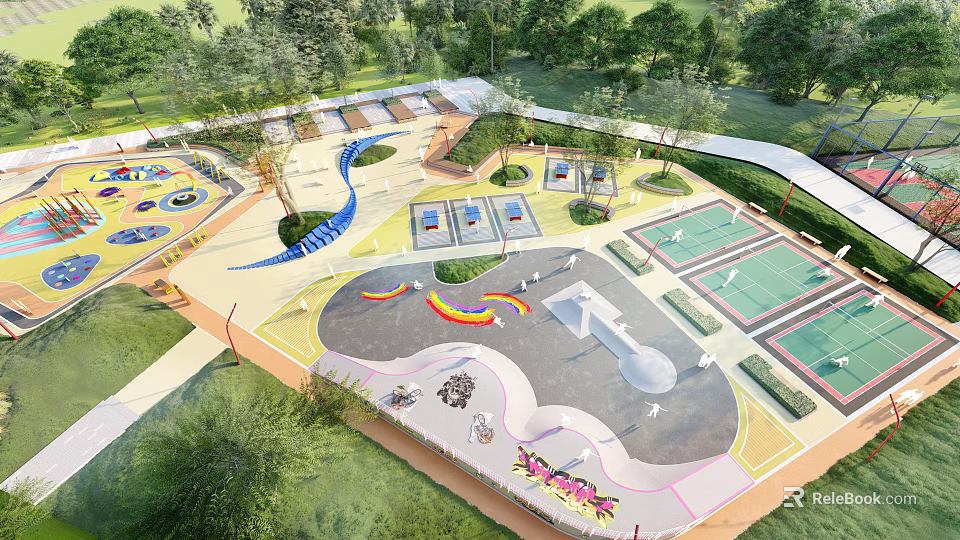 Vibrant Park Landscape With Skate Park Area Tennis Courts Rainbow Decorations And Graffiti Art 3d model 