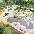 Vibrant Park Landscape With Skate Park Area Tennis Courts Rainbow Decorations And Graffiti Art