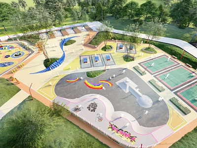 Vibrant Park Landscape With Skate Park Area Tennis Courts Rainbow Decorations And Graffiti Art 3d model