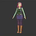3D Character Model With Yellow Hair Blue Vest Striped Sleeves Blue Skirt And Yellow Boots