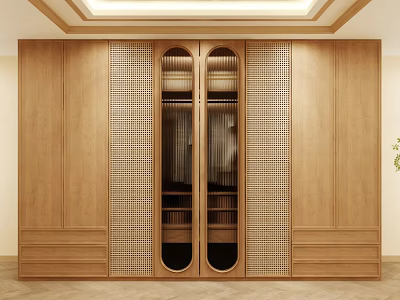 Wooden Modern Minimalist Wardrobe With Arched Glass Doors And Lattice Panels 3d model