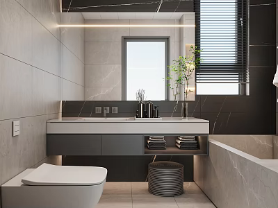 Modern Bathroom Interior With Double Vanity Mirror Bathtub Green Plant And Window Blinds 3d model