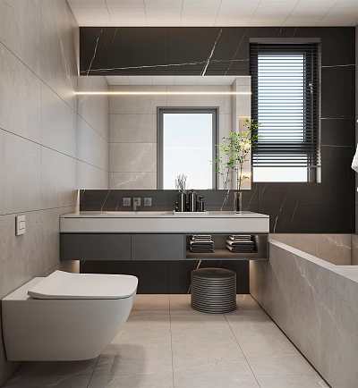Modern Bathroom Interior With Double Vanity Mirror Bathtub Green Plant And Window Blinds 3d model