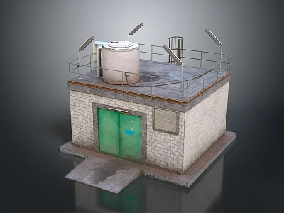 Industrial Park Featuring White Tank Green Door And Roof Solar Panels 3d model
