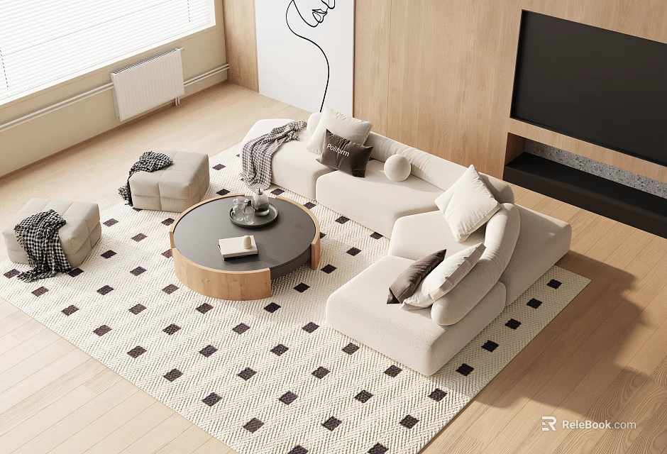 Minimalist Beige Sofa and Coffee Table Set with Round Table Geometric Rug and Pillows on Wooden Floor 3d model 