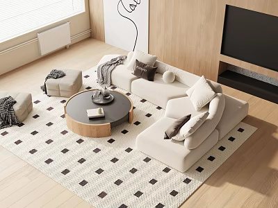 Minimalist Beige Sofa and Coffee Table Set with Round Table Geometric Rug and Pillows on Wooden Floor 3d model