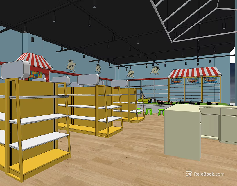 Modern Shopping Mall Store Interior With Yellow Shelves Red White Striped Awnings And Wooden Flooring 3d model 