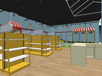 Modern Shopping Mall Store Interior With Yellow Shelves Red White Striped Awnings And Wooden Flooring 3d model