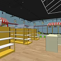 Modern Shopping Mall Store Interior With Yellow Shelves Red White Striped Awnings And Wooden Flooring