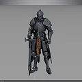 Man in Shiny Silver Knight Armor Standing with Long Sword on Gray Background