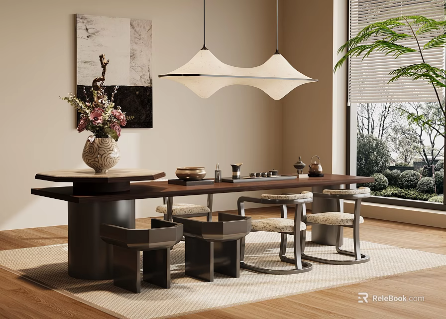 Tea Room Interior With Long Wooden Table Tea Sets And Hanging Lamp 3d model 