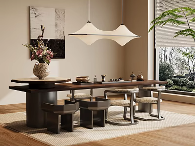 Tea Room Interior With Long Wooden Table Tea Sets And Hanging Lamp 3d model