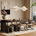 Tea Room Interior With Long Wooden Table Tea Sets And Hanging Lamp