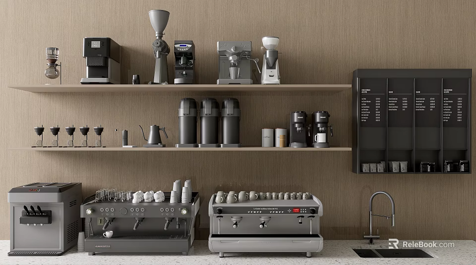 Stylish Kitchen With Coffee Machines Grinders And Cups On Shelves For Household Electrical Appliances 3d model 