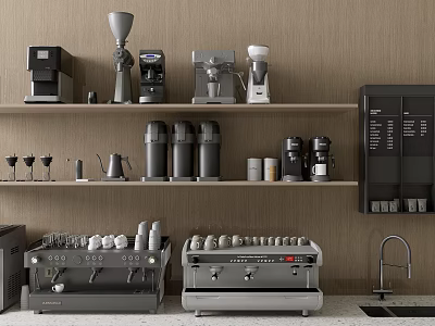 Stylish Kitchen With Coffee Machines Grinders And Cups On Shelves For Household Electrical Appliances 3d model