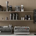 Stylish Kitchen With Coffee Machines Grinders And Cups On Shelves For Household Electrical Appliances