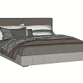 Modern Double Bed with Upholstered Gray Headboard and Plaid Pillows in Light Gray Beige Colors